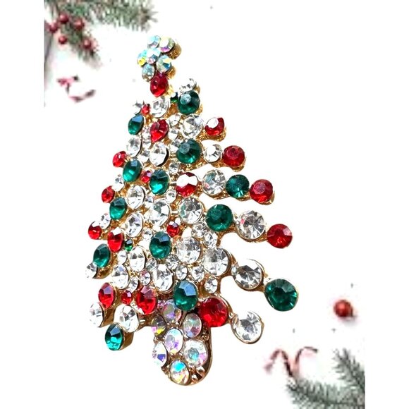 Rhinestone Christmas Tree Brooch Pin New Aurora Borealis Red Green Flow… - Picture 4 of 9